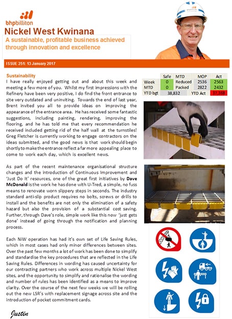 BHP Billeton (Nickel West Kwinana) talks highly about our U-Tred anti-slip stair nosing.