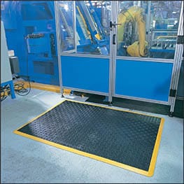 Relief of feet, legs and back from working on hard surfaces is available using our specially designed rubber mat.