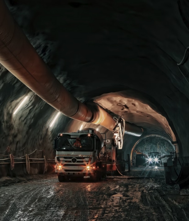 Truck driving through a mining tunnel