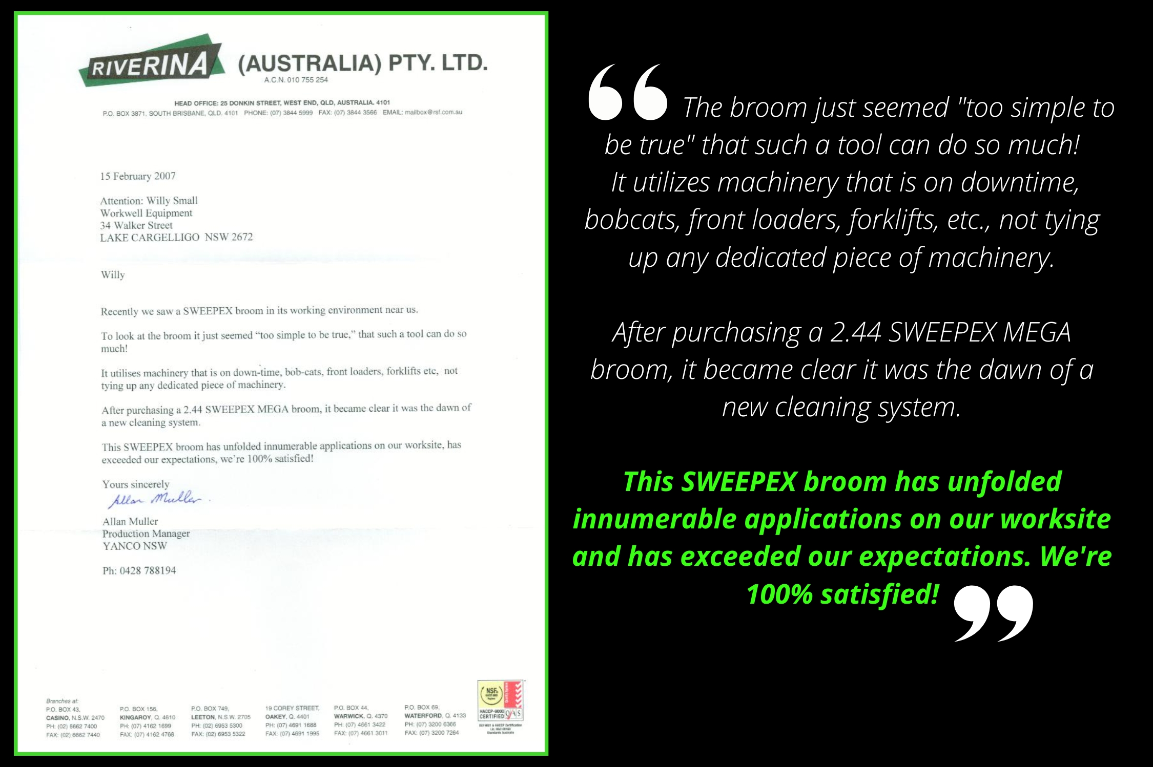 Sweepex Grain Broom Testimonials AMCO